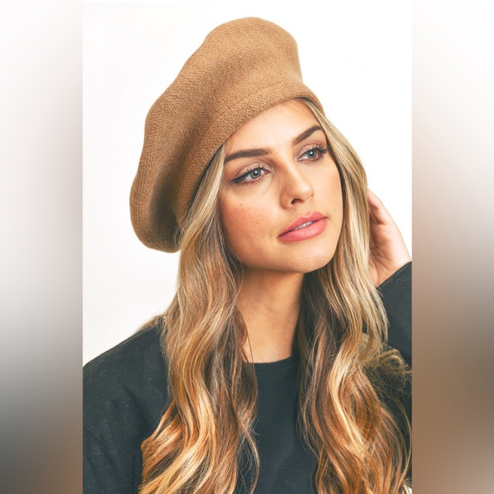 Camel Stretchy Solid Beret Hat